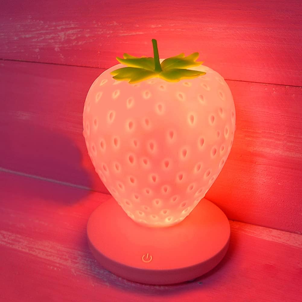 Lampka nocna truskawkowa, silikonowa lampka truskawkowa, słodka lampka nocna LED, zmieniająca kolor lampka nocna, trzy tryby dotykowe