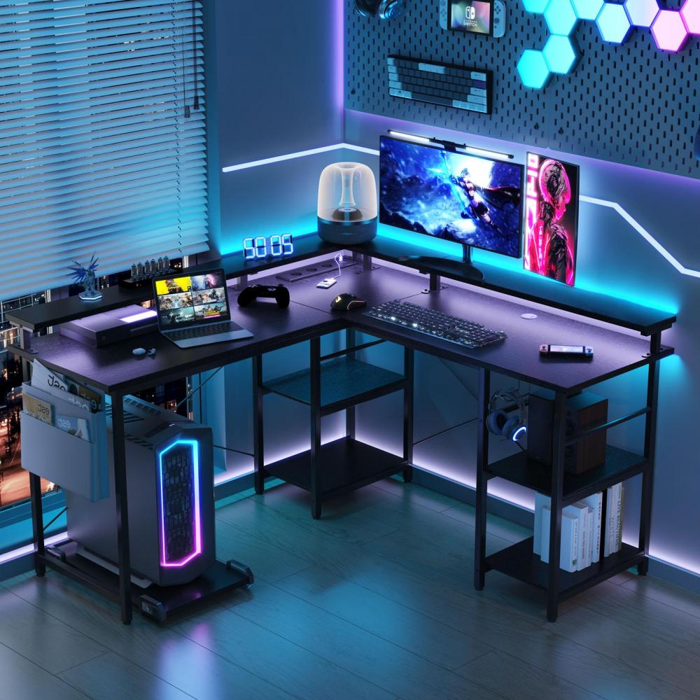 Biurko L Tbfit z LED RGB, gniazdkami, podstawką pod monitor i dużą powierzchnią.