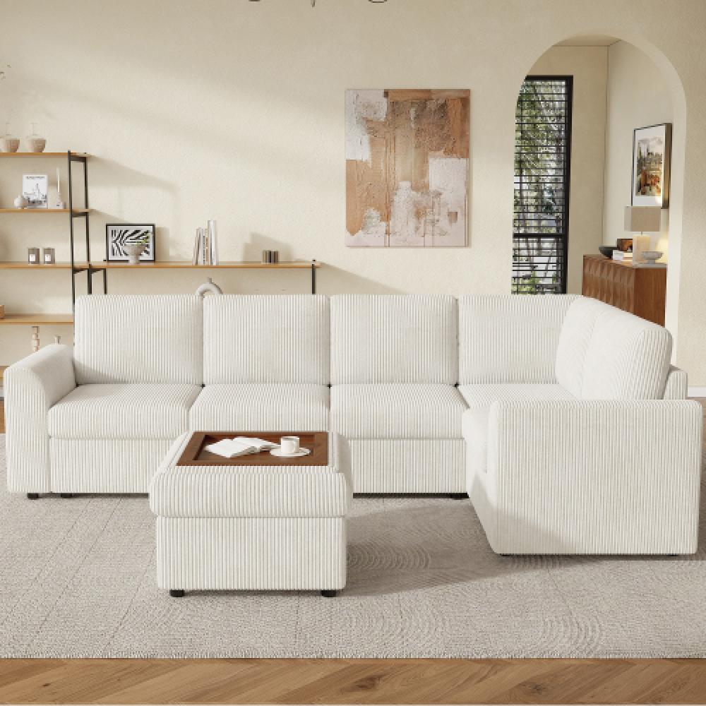 Narożna sofa w kształcie litery L z kordu, z leżanką i pufem ze schowkiem, rozkładana, z pianki o wysokiej gęstości, wysokie nóżki, łatwy montaż