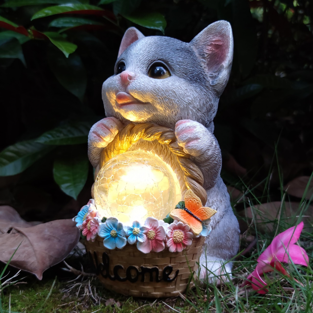 Solarne statuetki ogrodowe w kształcie kota, figurka z żywicy, kosz kwiatów i magiczna kula, solarne lampy LED, dekoracja trawnika