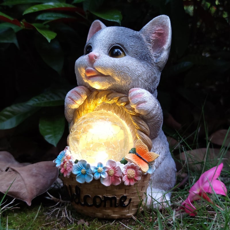 Solarne statuetki ogrodowe w kształcie kota, figurka z żywicy, kosz kwiatów i magiczna kula, solarne lampy LED, dekoracja trawnika