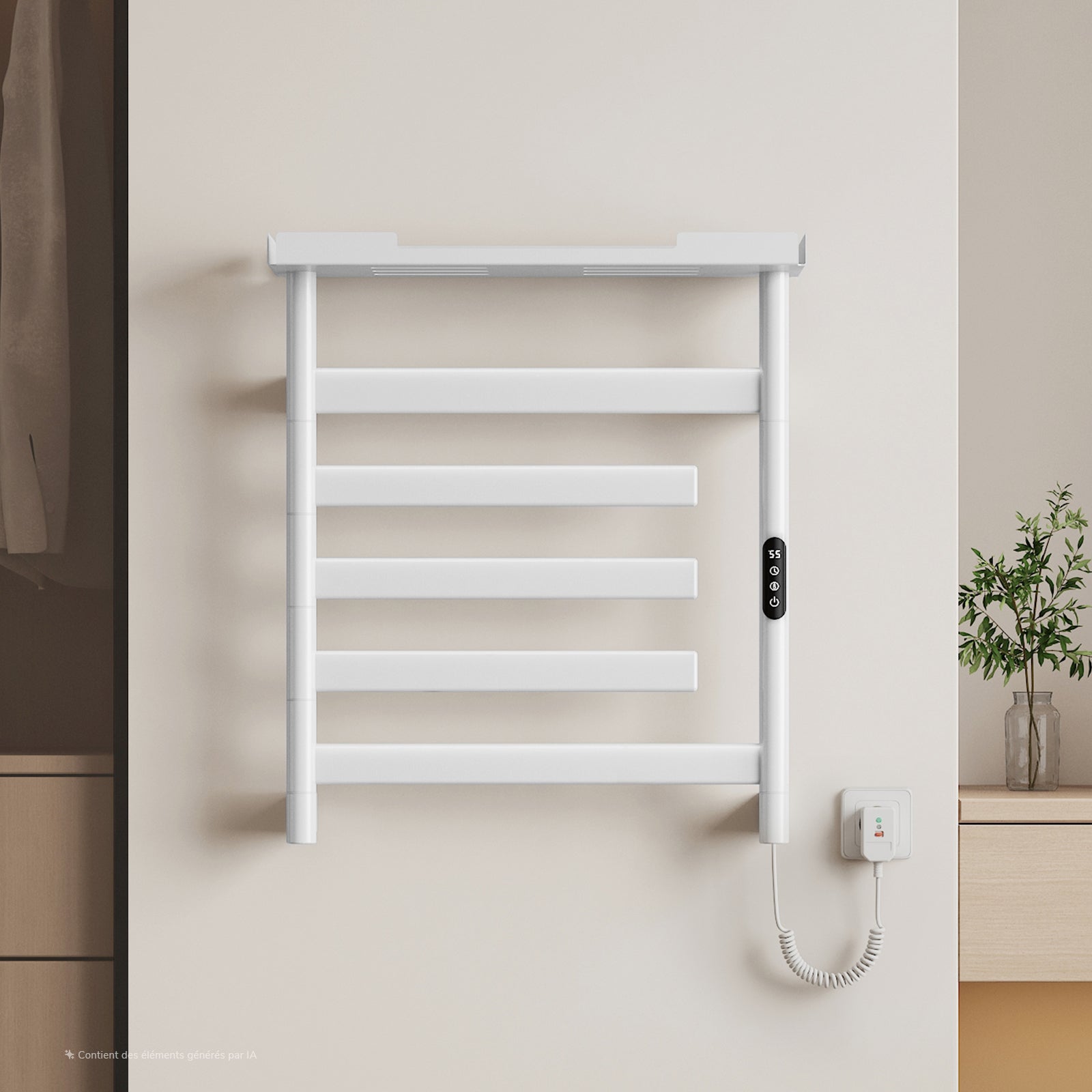 EMKE Elektryczny Grzejnik Łazienkowy Wi-Fi Obrotowy 180° z Półką - 66 x 58 cm, 135 W, 6 Trybów, IP45, Biały Połysk