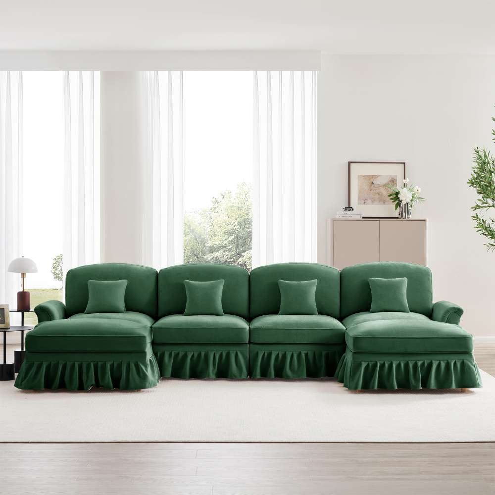 Modułowa sofa w kształcie U dla 4 osób, miękka tkanina szenilowa, zdejmowany pokrowiec, wysuwane podłokietniki, smukłe nóżki oraz mobilny puf