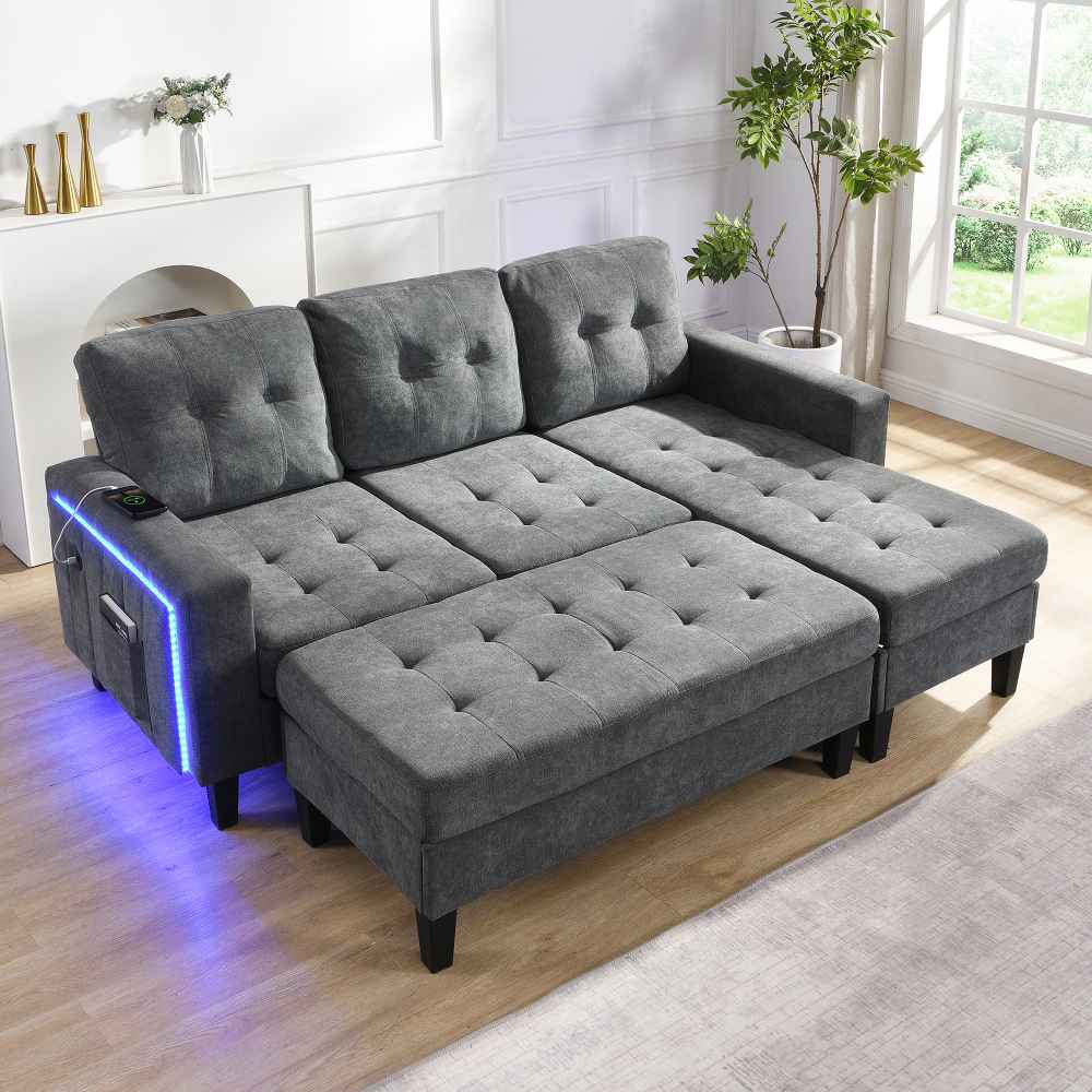 Wielofunkcyjna narożna sofa w kształcie litery L z mobilnym pufem XL + oświetlenie LED, modułowa sofa rozkładana 3+2 osoby