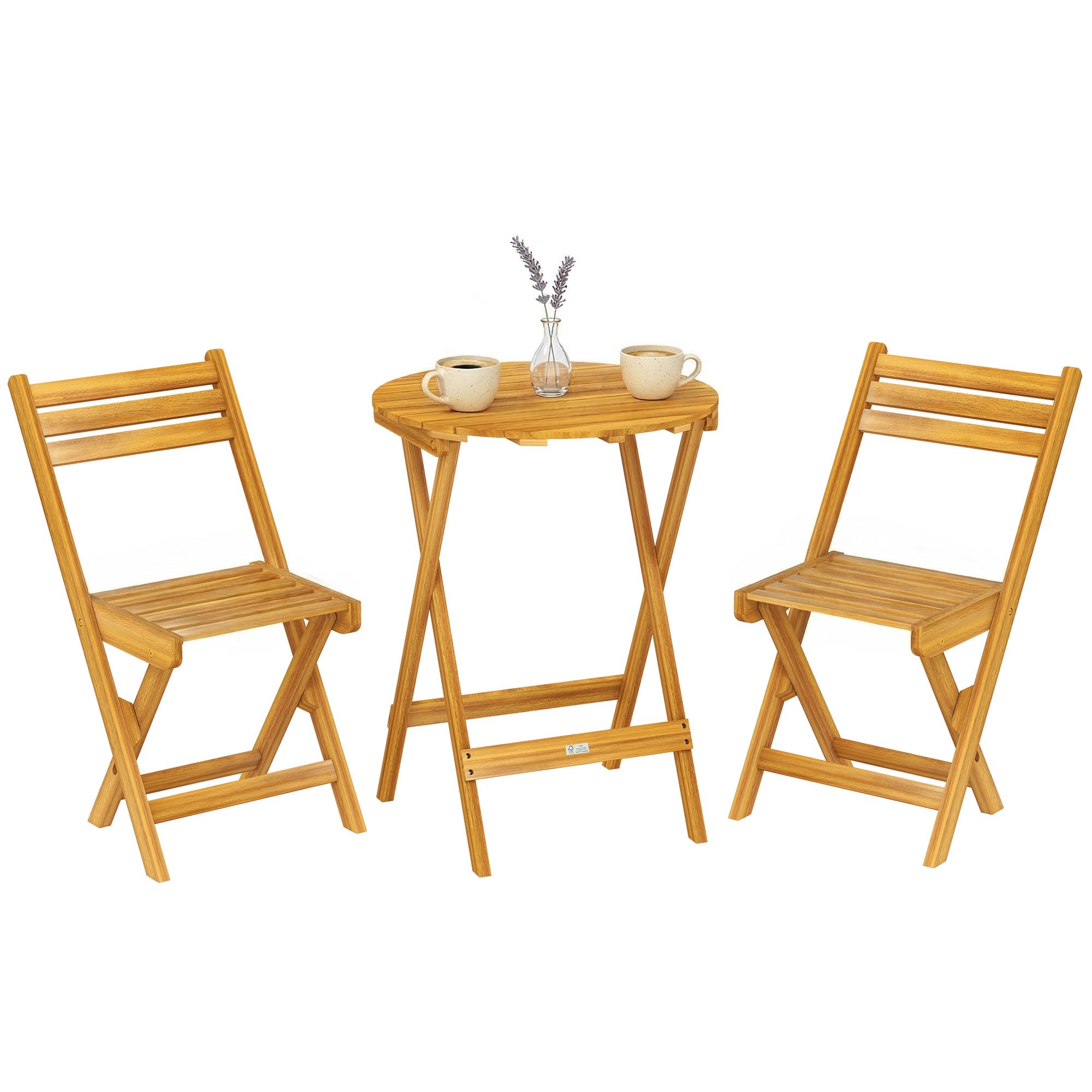 3-częściowy składany zestaw bistro z drewna akacjowego z okrągłym stołem i 2 krzesłami, nie wymaga montażu, 60x60x75 cm, kolor naturalny