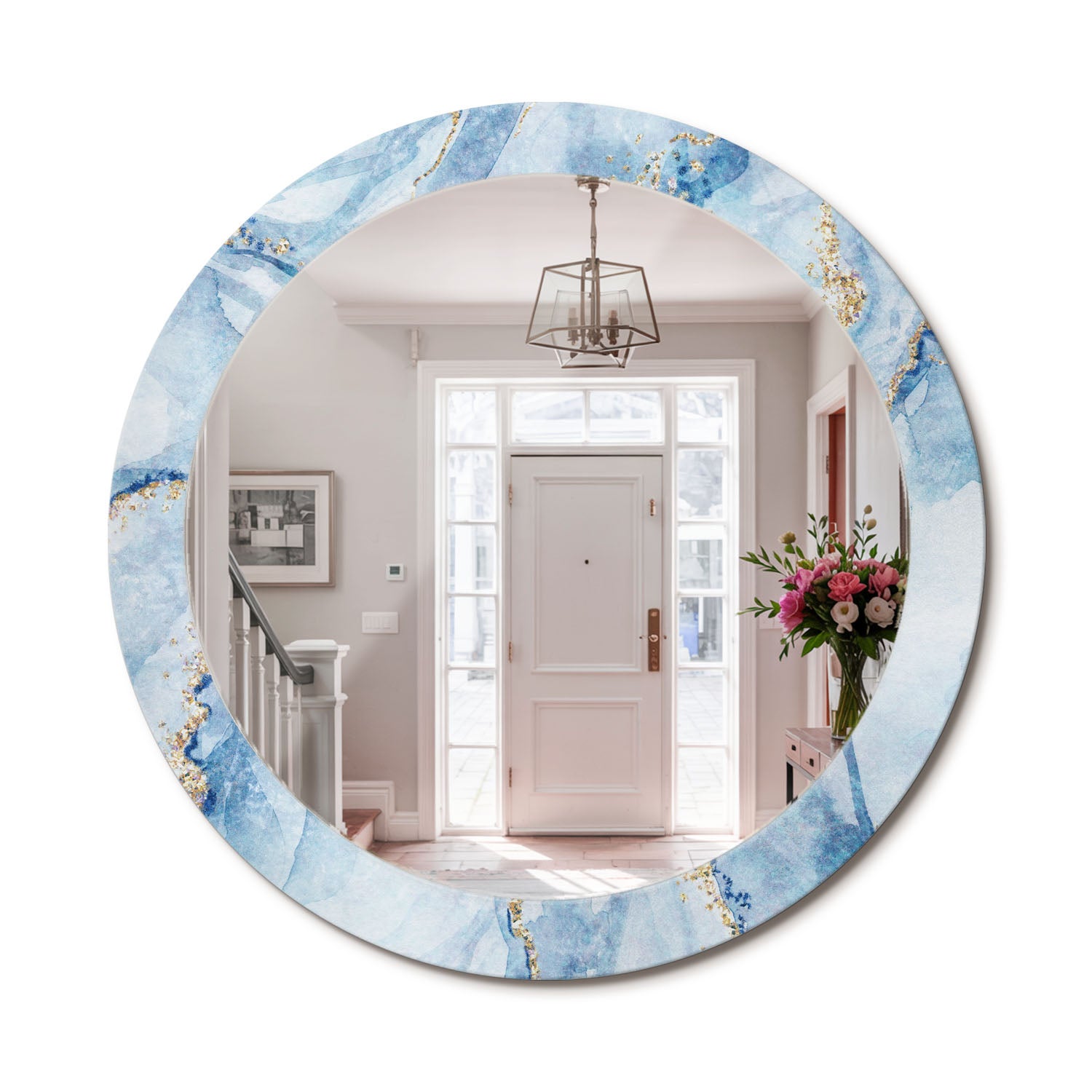 Okrągłe lustro do wnętrz z elegancką ramą szklaną i trwałym nadrukiem Błękitny marmur - 80 cm - ArtPrintCave