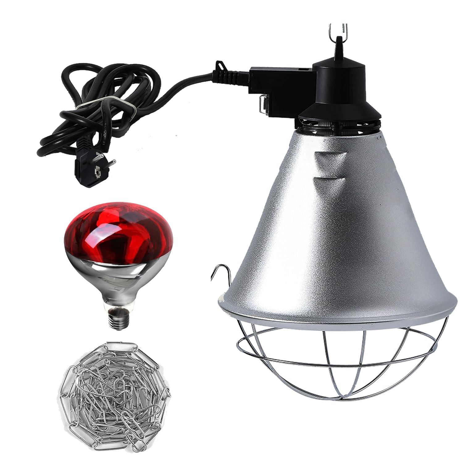 Lampa grzewcza na podczerwień 250 W dla drobiu i innych zwierząt z kablem 1,8 m i łańcuchem 2 m – dla kur, kaczek, szczeniąt – żarówka w zestawie