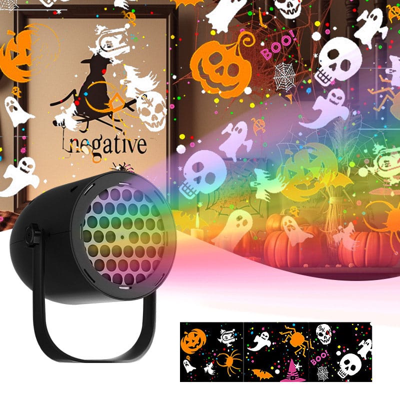 Projektor LED na Halloween – Regulowany projektor 360° z upiorną atmosferą – USB – Dekoracja na imprezę w domu i ogrodzie