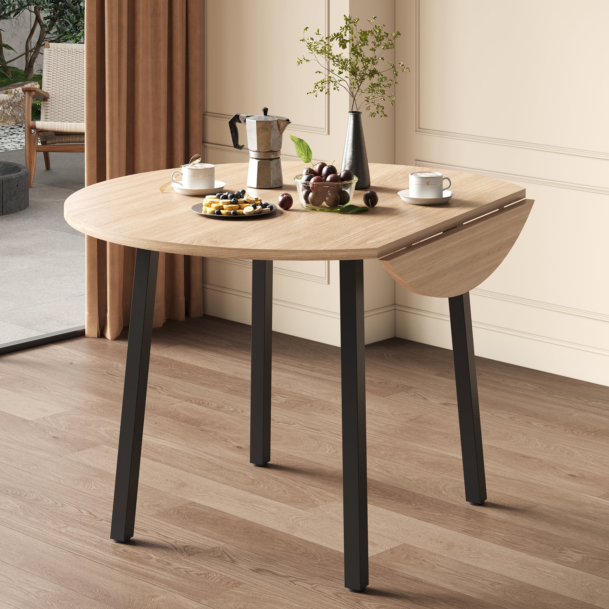 Okrągły składany stół jadalny na 2-4 osoby - 70/100 x 100 x 75 cm - MDF i nogi metalowe - Dąb