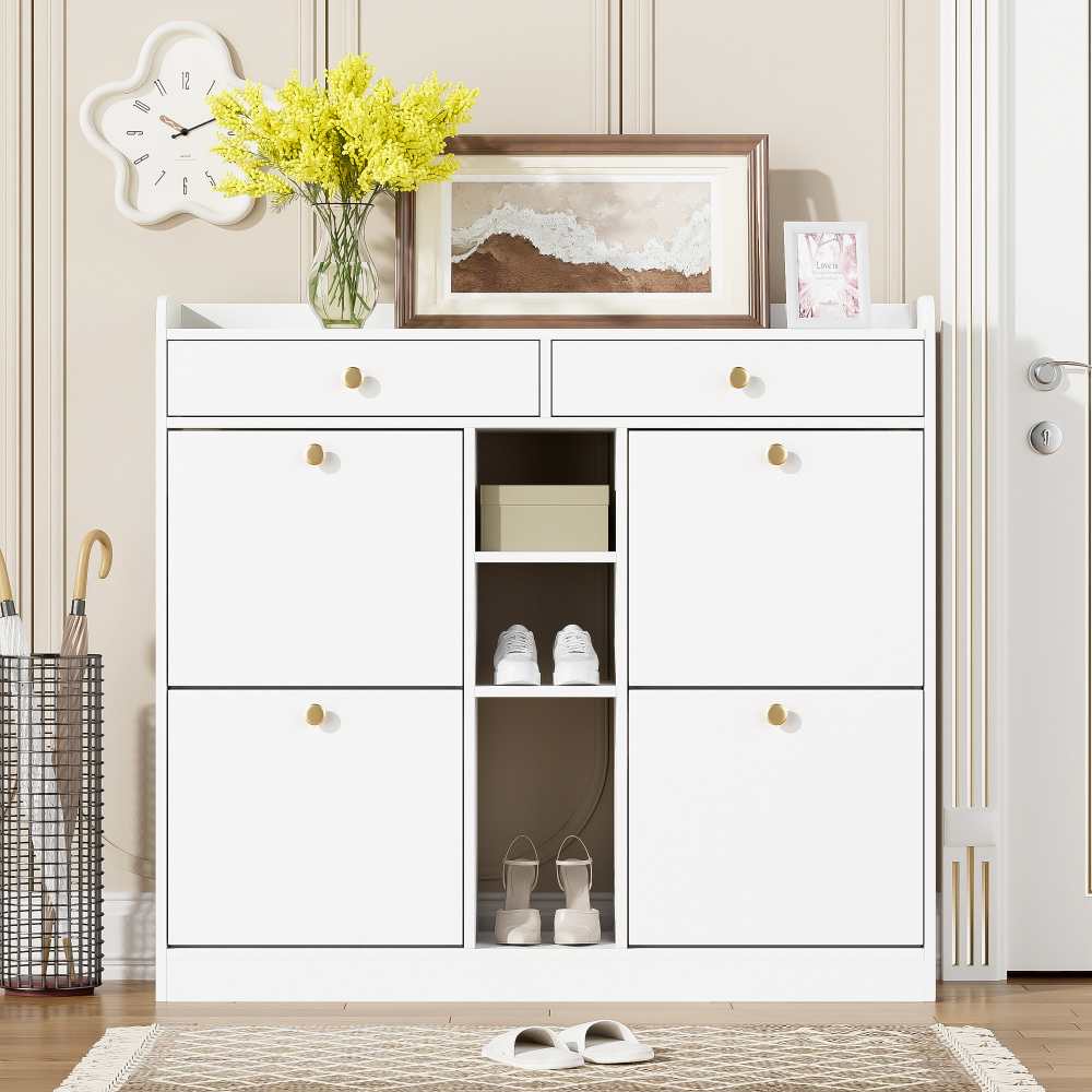 Szafka na buty Edler z 4 drzwiami uchylnymi, 2 szufladami i 3 otwartymi półkami – kompaktowa przestrzeń do przechowywania 110x26x100 cm