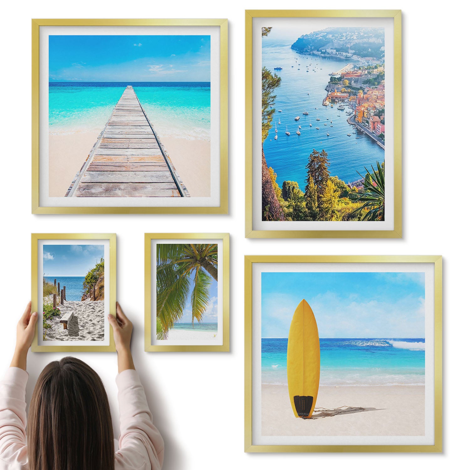Galeria ścienna 5-częściowy komplet obrazów w złotych ramach - Krajobrazy nadmorskie z plażami i wodami turkusowymi - ArtPrintCave