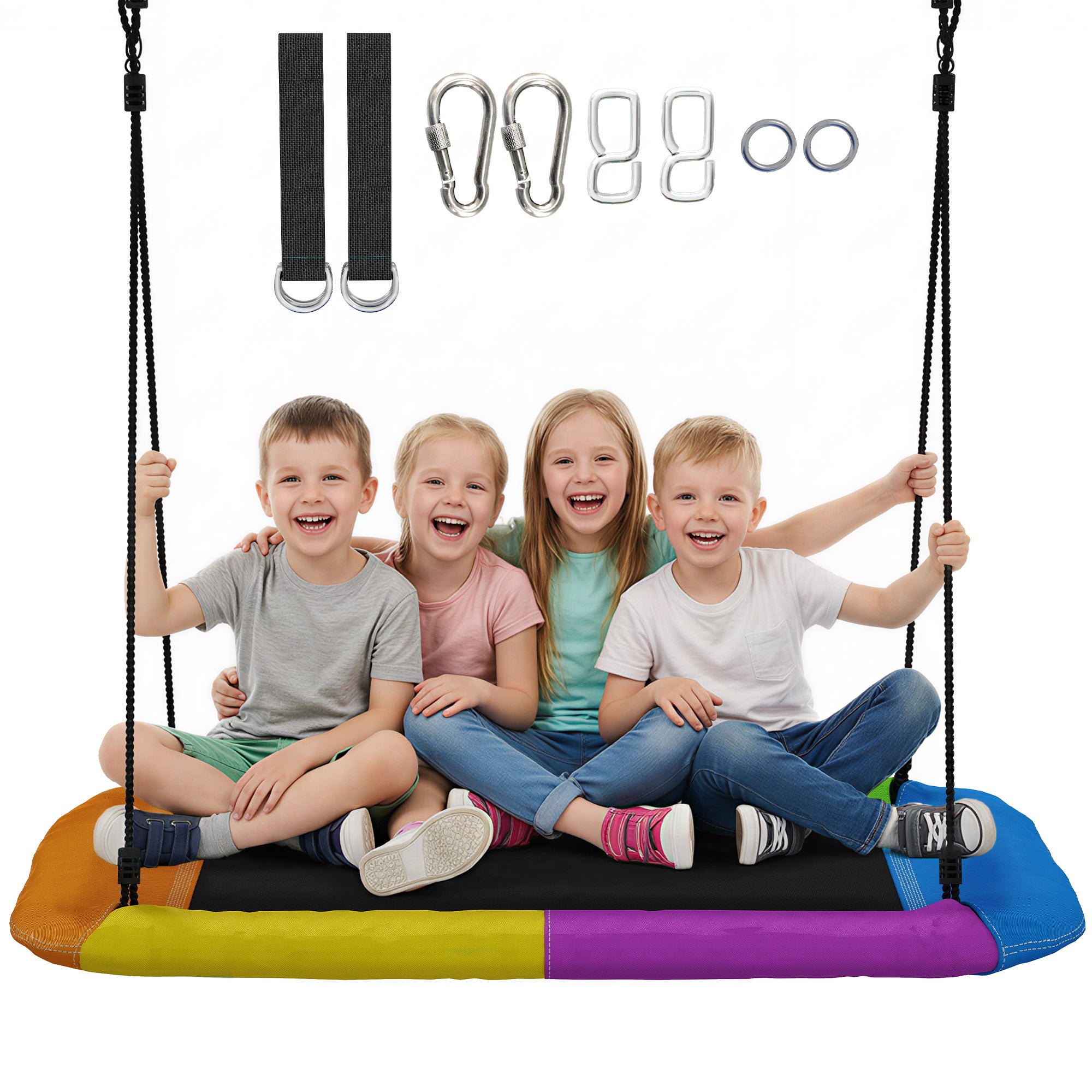 Huśtawka wisząca Nest Swing z regulacją wysokości do 300 kg z regulowanymi linami dla dzieci w wieku 3-8 lat, 148 x 77 x 180 cm, wielokolorowa