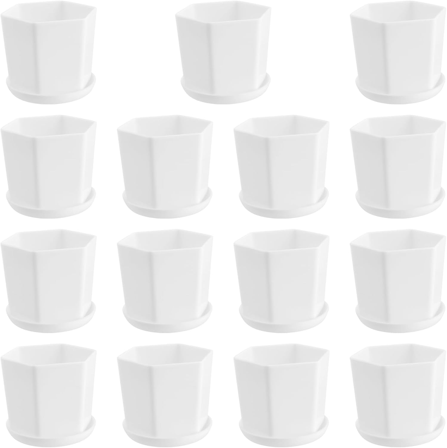 Zestaw 15 małych plastikowych doniczek o średnicy 9 cm, doniczki do roślin domowych z otworami drenażowymi i podstawką, białe sześciokątne doniczki