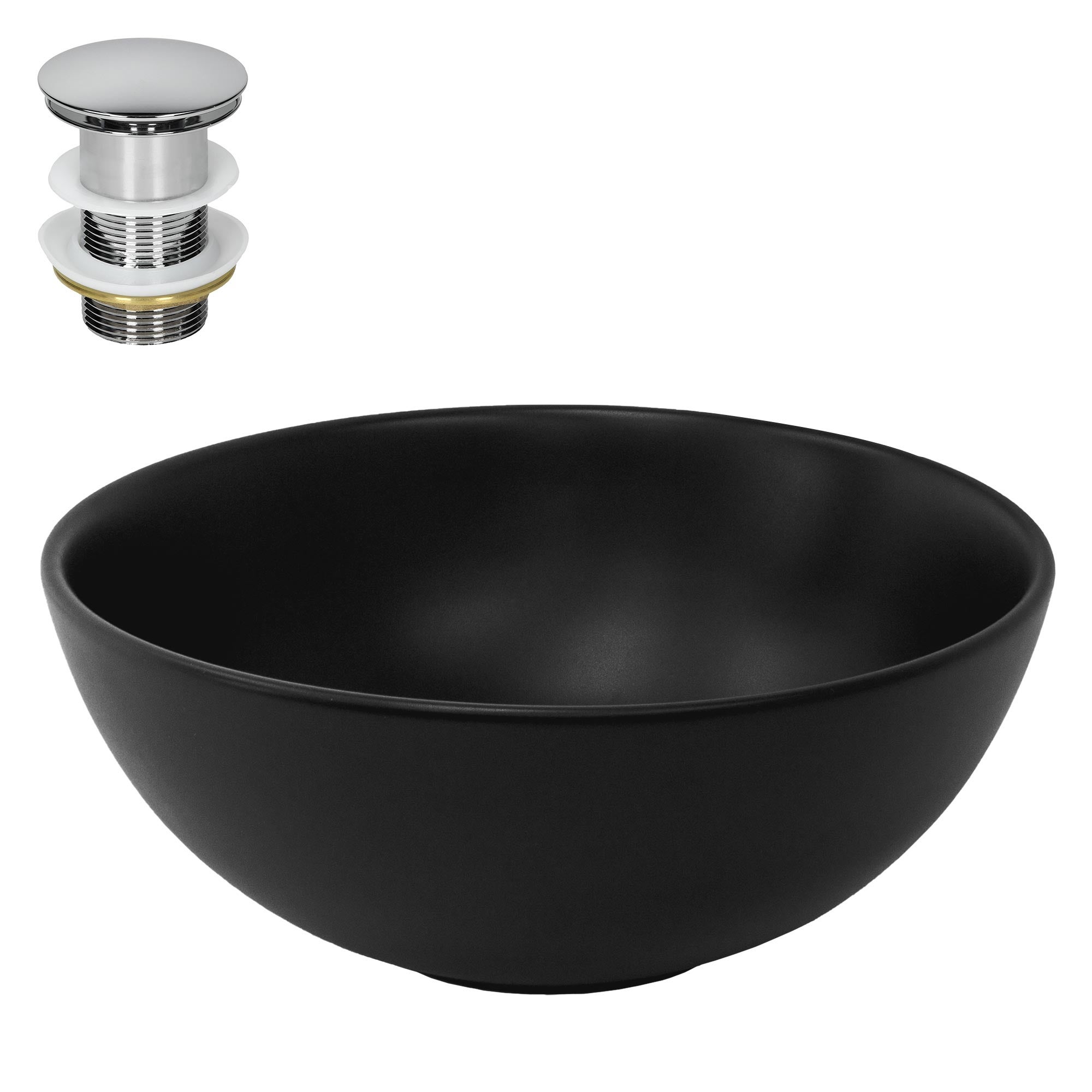 ML-Design Ceramiczna umywalka w kolorze czarnym matowym Ø 32x13,5 cm Okragla wraz ze srebrnym odplywem, Nowoczesna umywalka natynkowa Misa umywalkowa