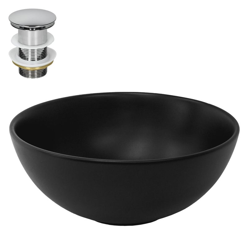 ML-Design Ceramiczna umywalka w kolorze czarnym matowym Ø 32x13,5 cm Okragla wraz ze srebrnym odplywem, Nowoczesna umywalka natynkowa Misa umywalkowa