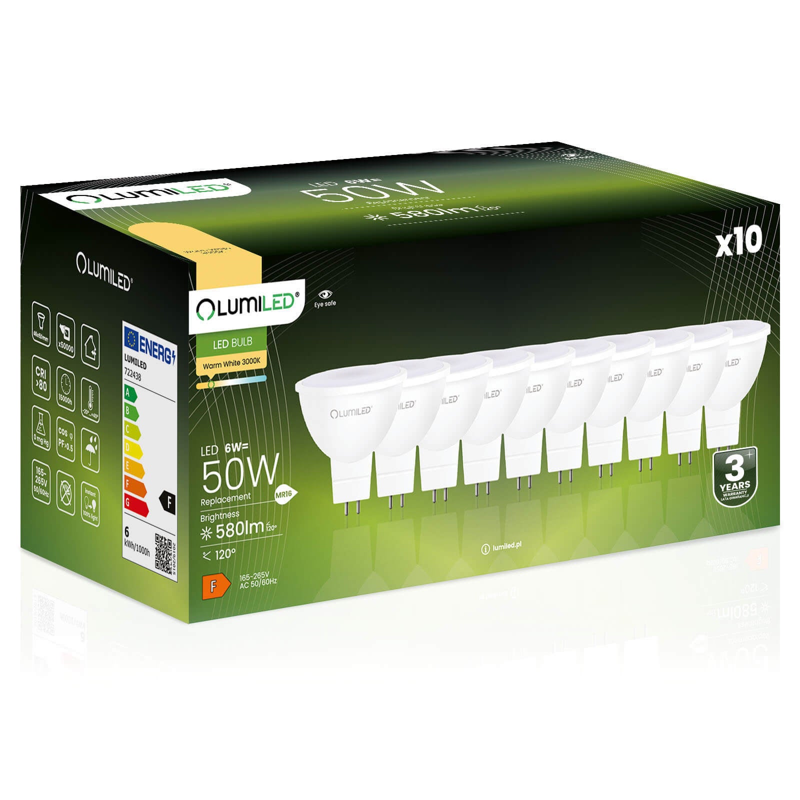 10x Żarówka Lumiled LED GU5.3 Reflektor MR16 6W = 50W 580lm 3000K Ciepła 120st