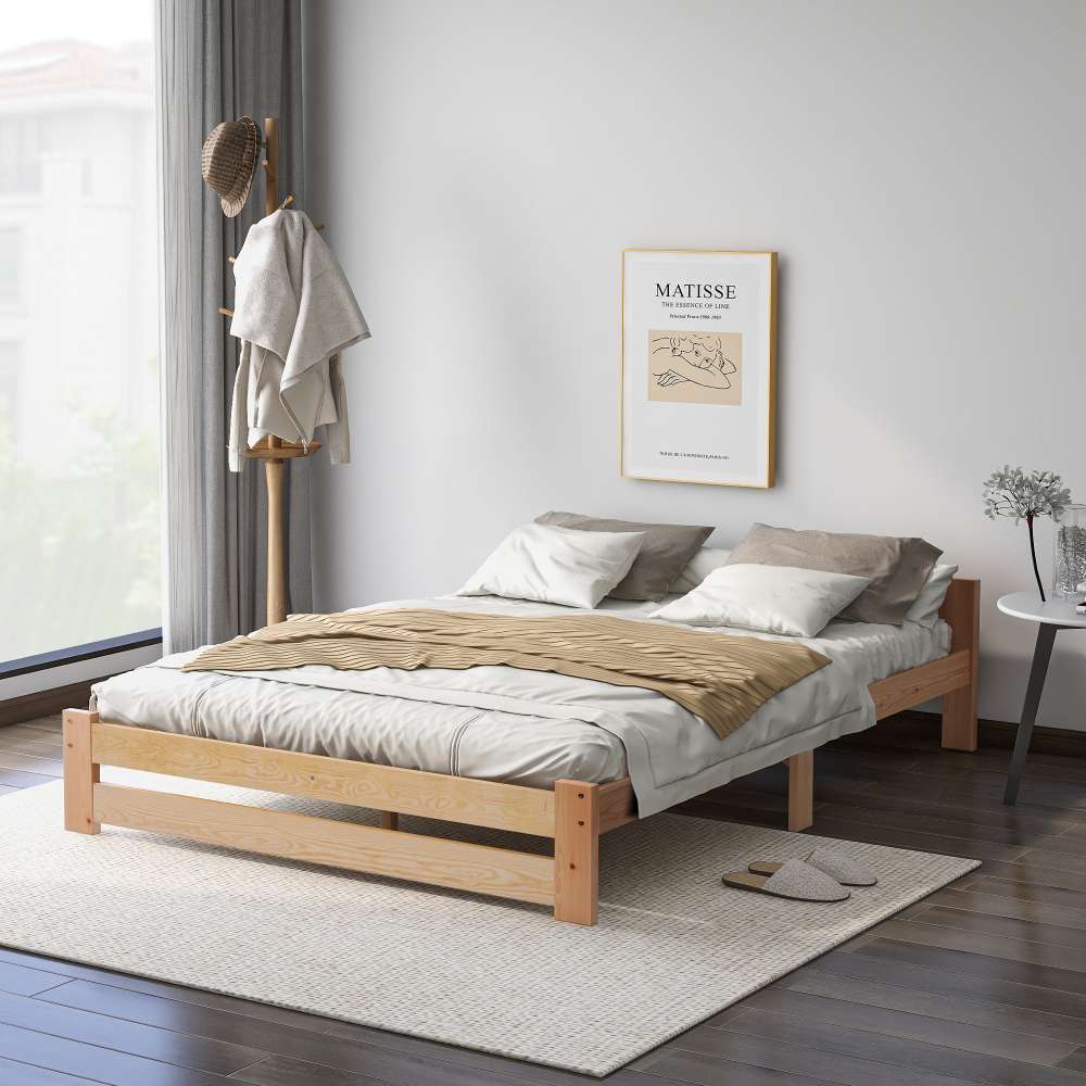 Łóżko futonowe z litego drewna 200x140 cm, naturalne, z zagłówkiem i stelażem z listew – solidne i wygodne