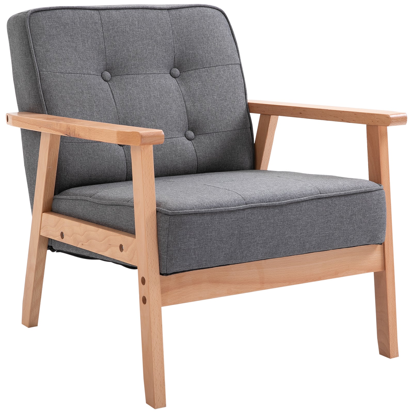 Fotel pikowany w stylu skandynawskim z materiałem i guzikami z drewna, 64,5 x 70 x 74 cm, szary