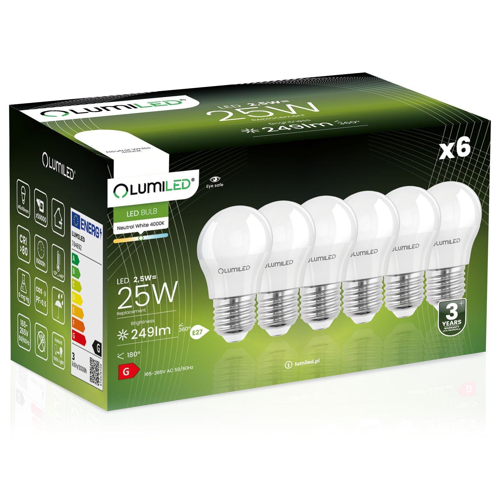 6x Żarówka Lumiled LED E27 Kulka P45 2,5W = 25W 249lm 4000K Neutralna 180st