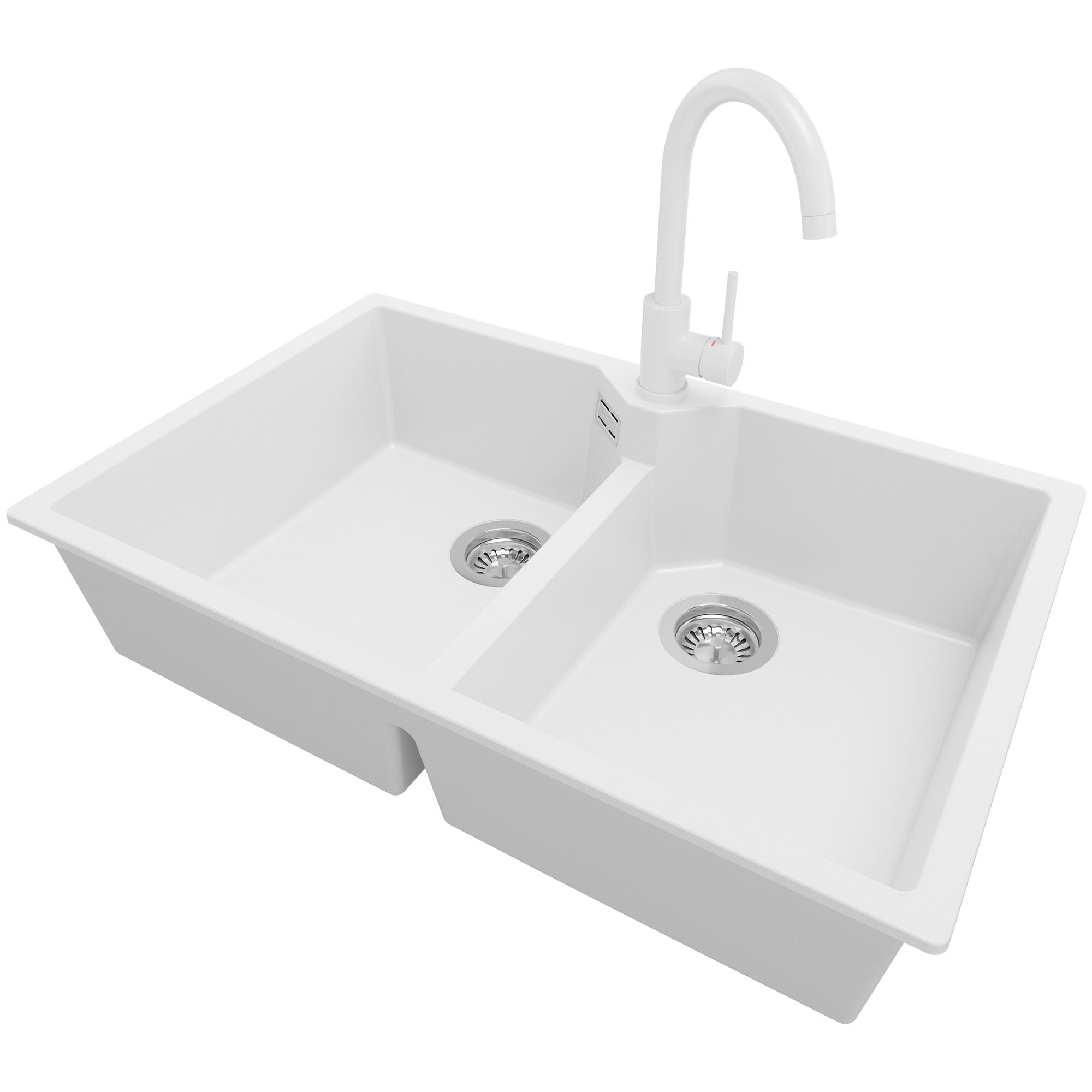 Zlewozmywak Granitowy Biały 78x50cm, Zlew Kuchenny 2 Komorowy + Bateria 32x20cm + Syfon, Nablatowy do szafki od 80cm - Madryt Twin PRIMAGRAN
