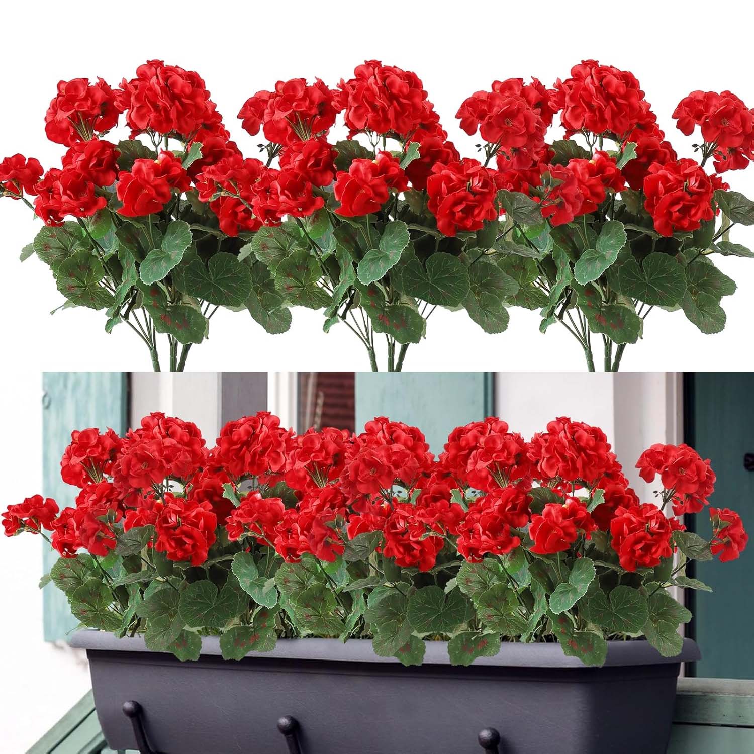 7 bukietów sztucznych geranium – czerwone, realistyczne, do ogrodu, balkonu, tarasu, skrzynki na kwiaty, dekoracja ślubna, trwałe, bezobsługowe