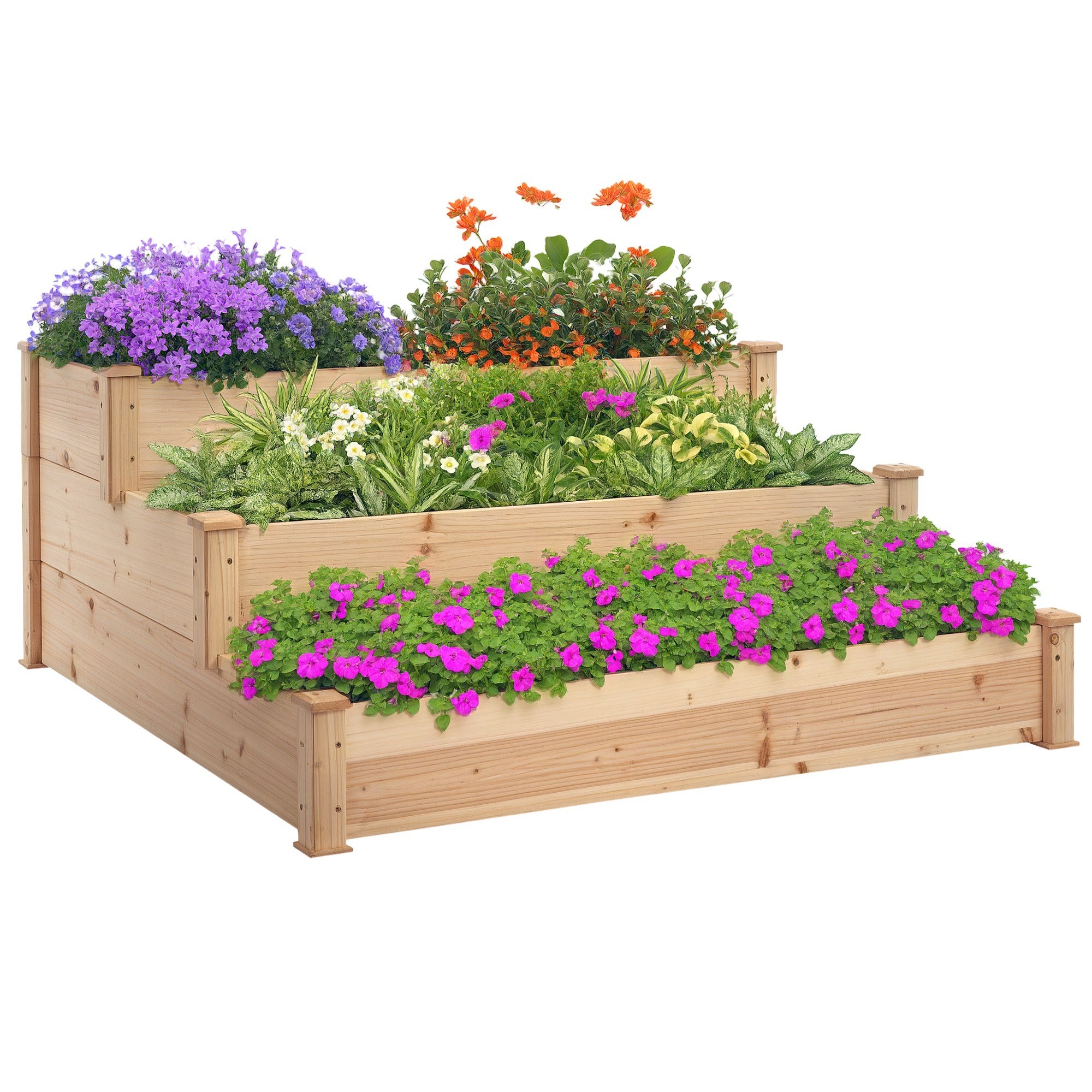 Podwyższona grządka ogrodowa 470L, zestaw do sadzenia 3-poziomowy, podwyższone drewniane donice do ogrodu, podwórka i patio, 124 x 124 x 56 cm