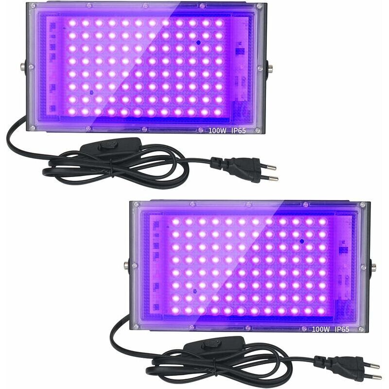 Zestaw dwóch reflektorków LED UV o mocy 100W – oświetlenie UV do akwariów, imprez i pokazów – długość fali 395-400 nm.