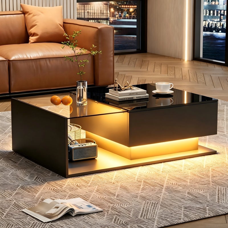 Stolik kawowy czarny połysk 100x50x32 cm - ze szklanym blatem i szufladami, odporny na zarysowania, z 1 szufladą, z oświetleniem LED, styl nowoczesny