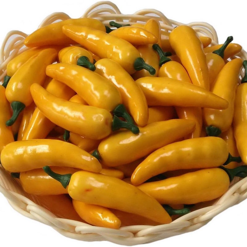 Zestaw 100 mini sztucznych trójkolorowych papryczek chili (czerwone, żółte, zielone), realistyczne, do dekoracji wnętrz - żółte