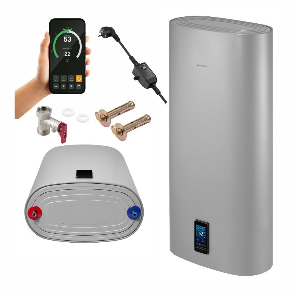 Bojler elektryczny 50l Wi-Fi pionowy/poziomy srebrny pojemnościowy kolorowy wyświetlacz Warmtec BPC50