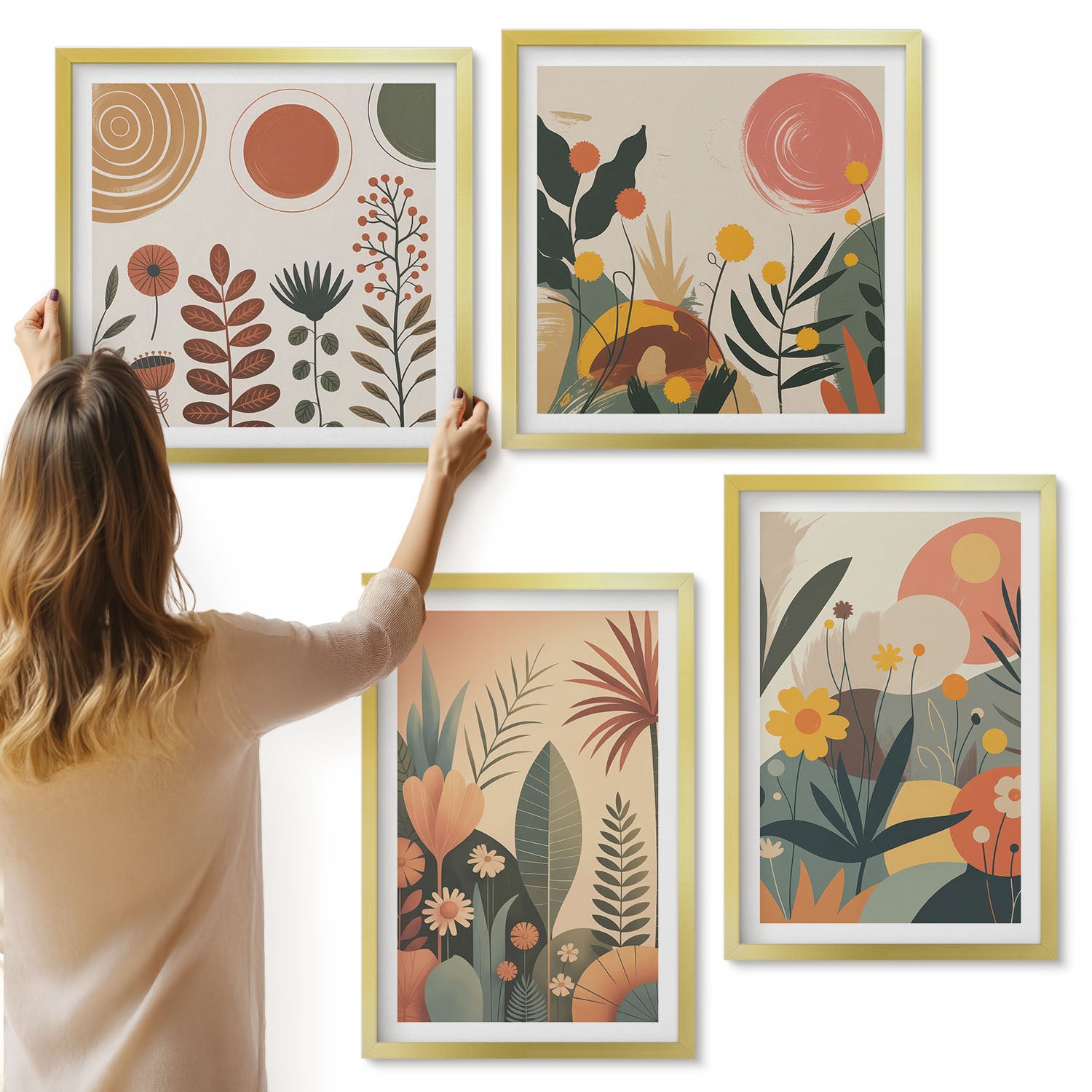 Galeria ścienna 4-częściowy komplet obrazów w złotych ramach - Boho roślinne wzory w ciepłych odcieniach z naturą - ArtPrintCave