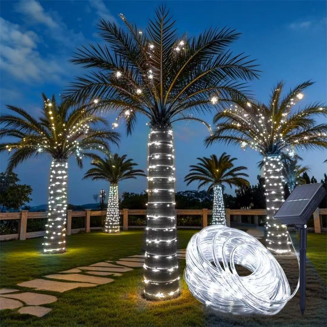 Lampki solarne, 12 m x 100 diod LED, wodoszczelne, IP55, miedziane rurki LED, do dekoracji świątecznych (chłodna biel solarna).
