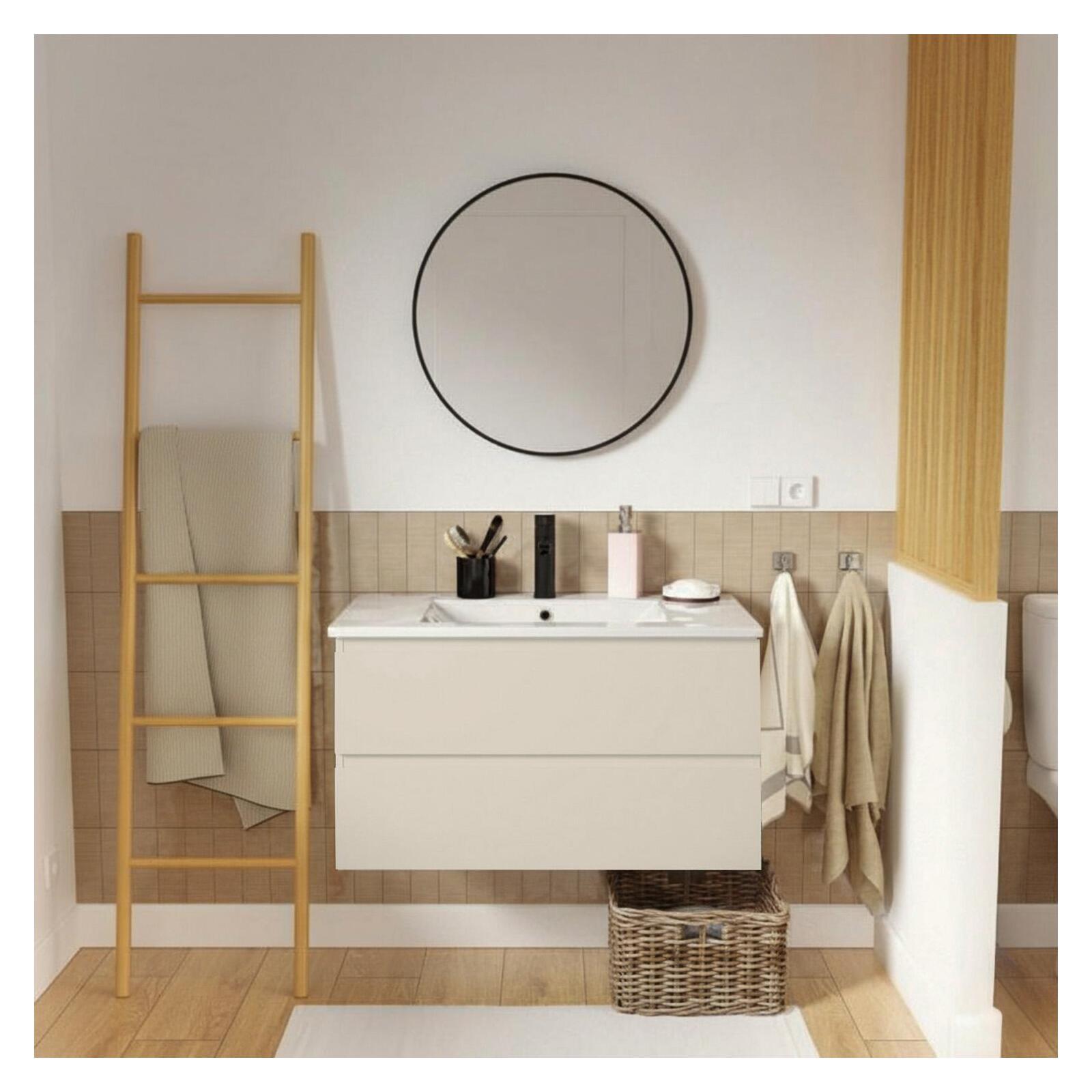 Pojedyncza szafka pod umywalkę 80 cm, wykończenie dębowe, z baterią i lustrem SORRENTO