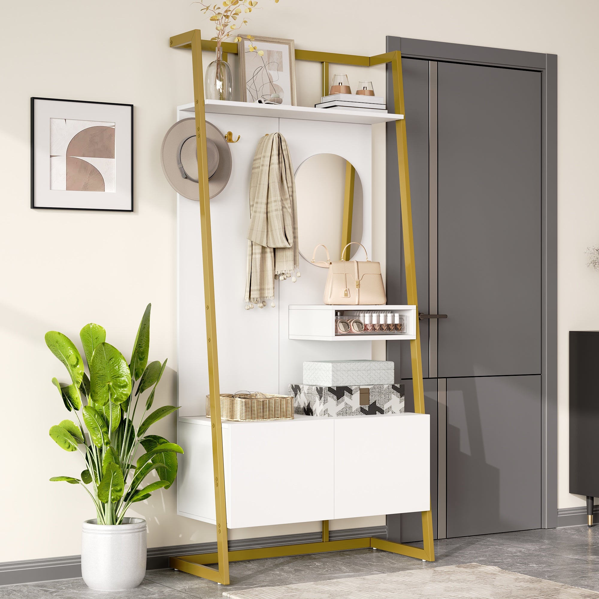 Zestaw na ubrania do przedpokoju 78x38,5x180,5 cm - z lustrem i wieszakami - Szafa na buty - z półkami - Biały