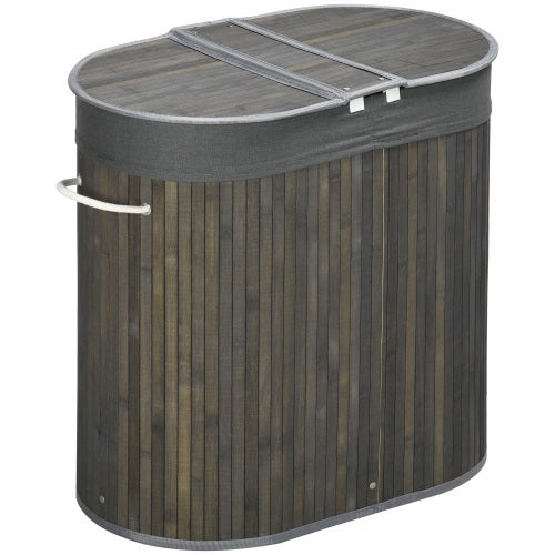 Kosz na pranie z bambusa z pokrywką, 100 l, z uchwytami, 2 wyjmowane worki na pranie, sorter do prania do pralni, łazienki, sypialni, szary