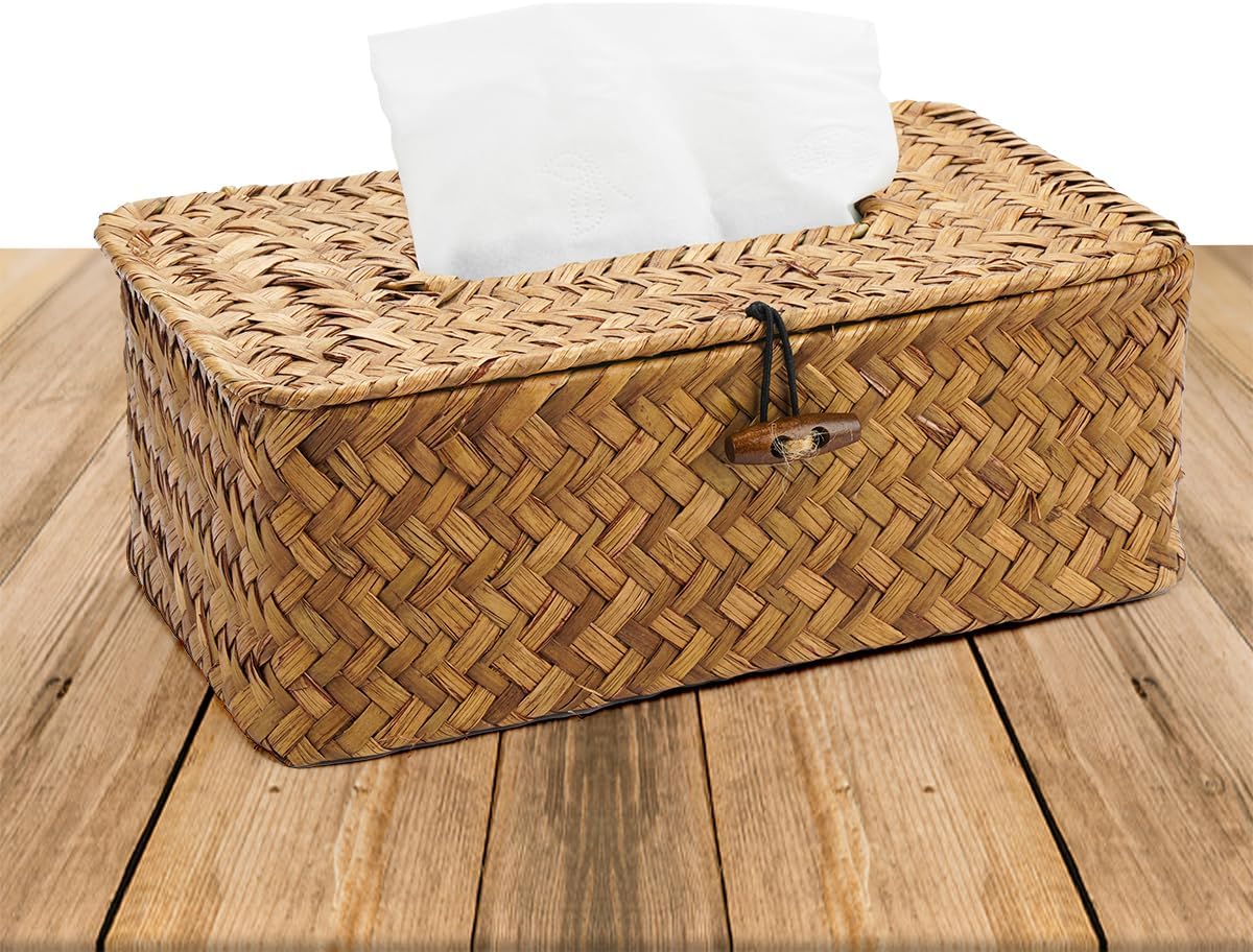 Pudełko na chusteczki z rattanu, naturalne prostokątne pudełko na chusteczki, dozownik na chusteczki, łazienka 23x13x9cm