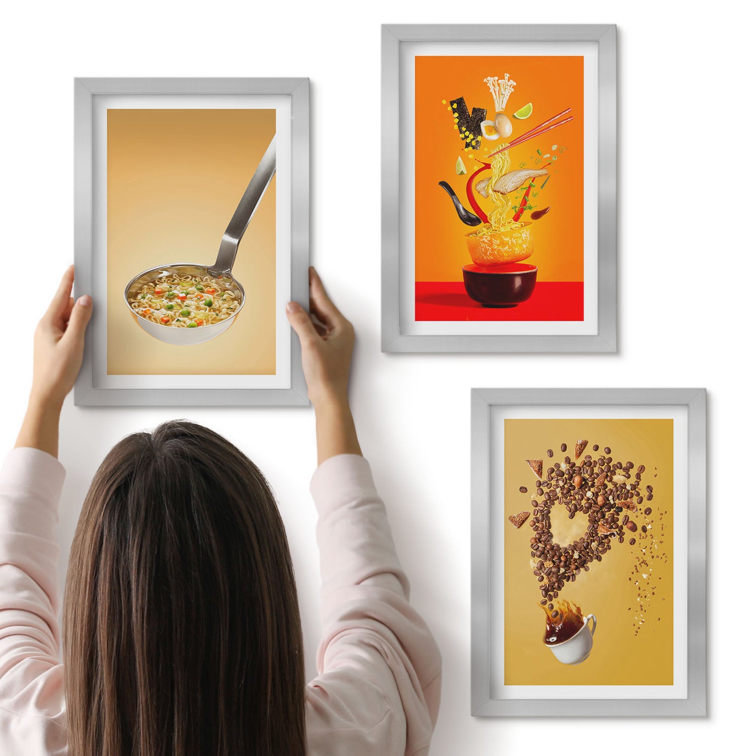 Galeria ścienna 3-częściowy komplet obrazów w srebrnych ramach - Kuchenne motywy jedzenia i napojów - ArtPrintCave