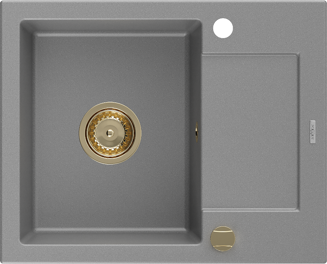 Mexen Enzo zlewozmywak granitowy 1-komorowy z ociekaczem 576 x 465 mm, szary, syfon złoty - 6506571005-71-G