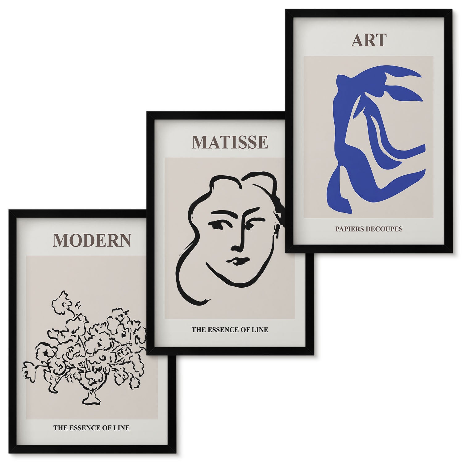 Zestaw obrazów w ramie - 3 części | Abstrakcyjne postery w minimalistycznym stylu Henri Matisse | Czarna ramka