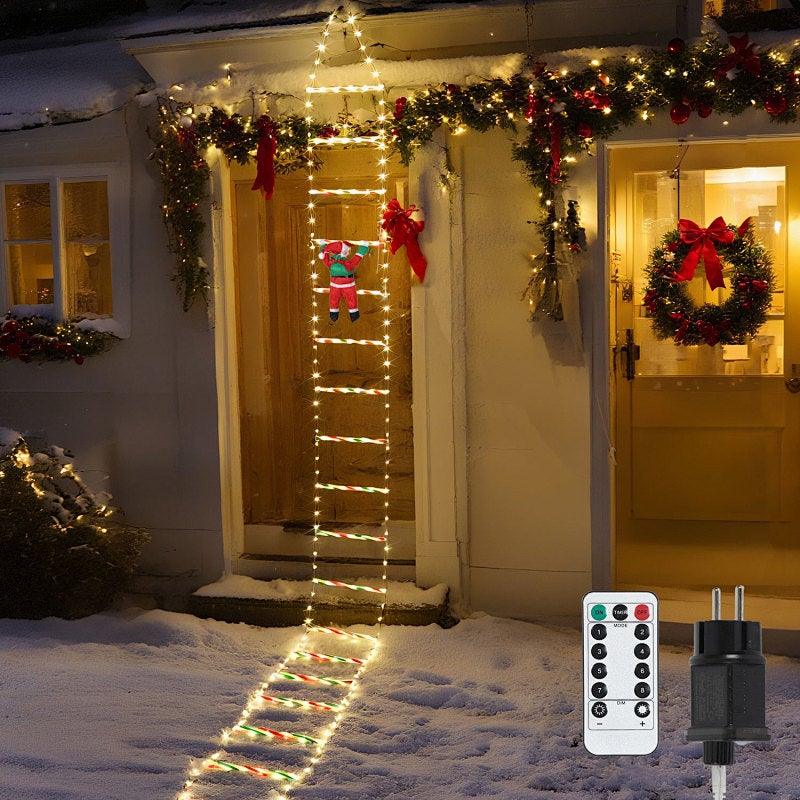 Lampki świąteczne LED drabinka 3 m, 338 LED, Mikołaj, 8 trybów, pilot, timer, ciepła biel