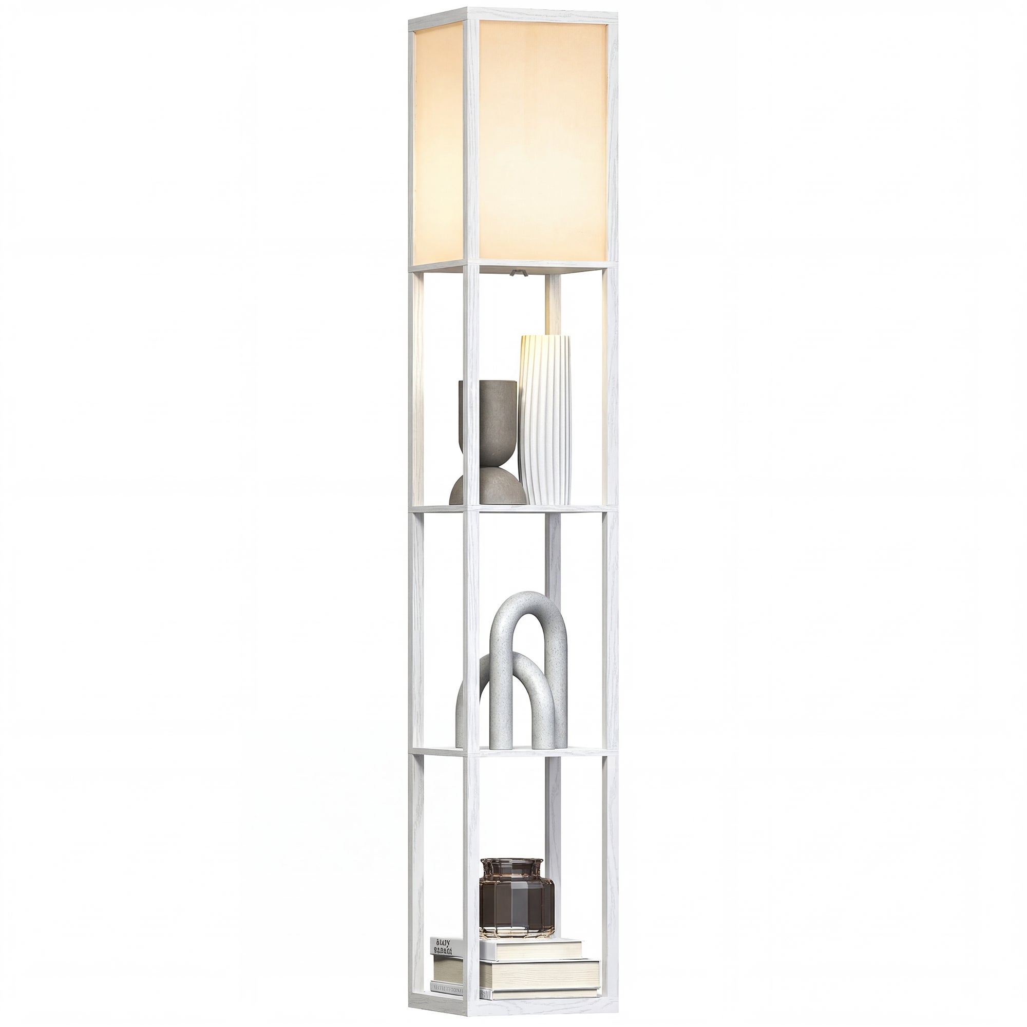 Lampa podłogowa z półkami, drewniana, 26 x 26 x 160 cm, do salonu/sypialni (żarówka nie jest dołączona)