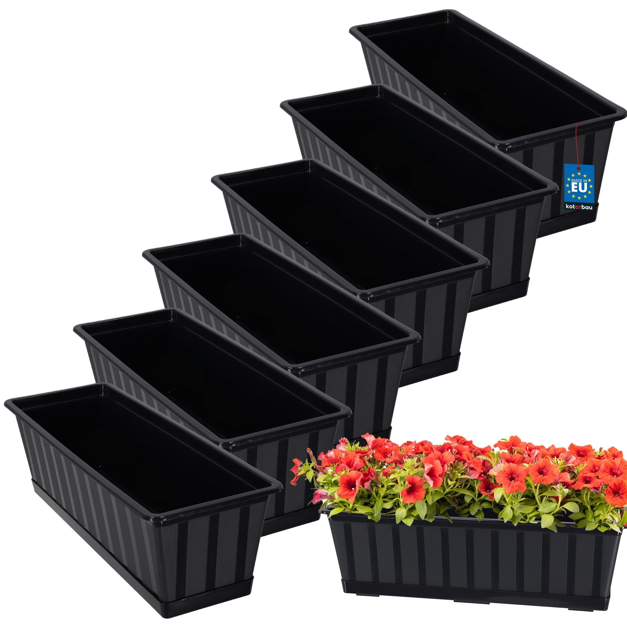 6 szt. Doniczka - Skrzynka Balkonowa - 50 x 18 x 14 cm - Skrzynia na Balustradę Balkon - Donica z Podstawką - Antracyt KOTARBAU