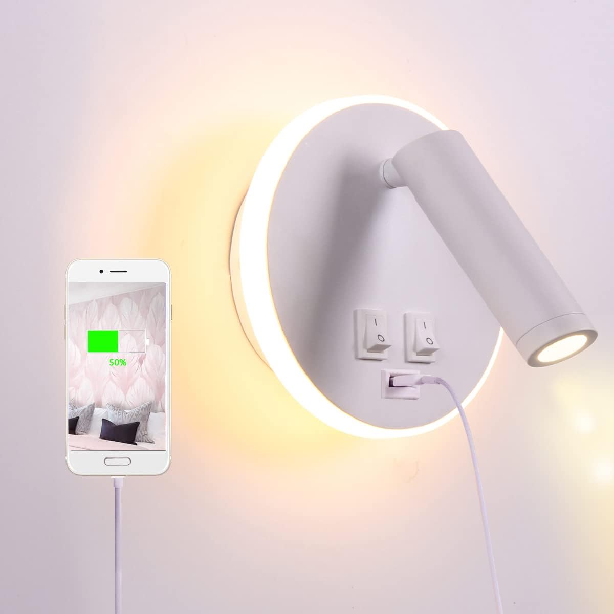 Lampka nocna LED z portem ładowania USB, kinkiet wewnętrzny, z włącznikiem, biała 3 W + 8 W (USB okrągłe)