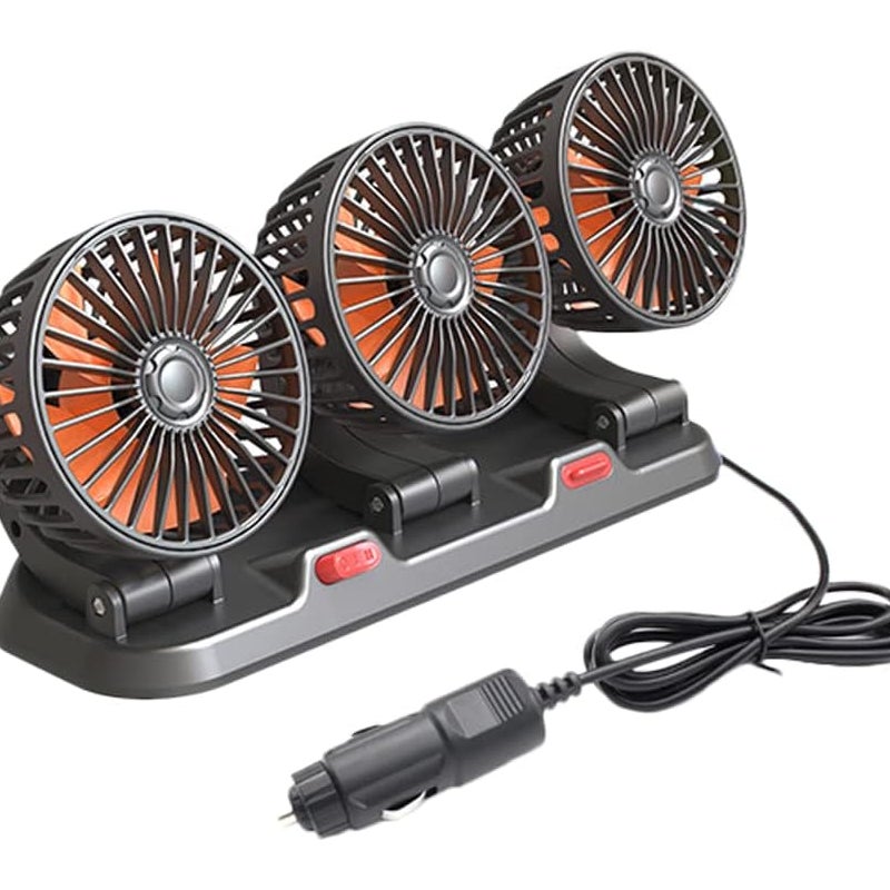 Elektryczny wentylator chłodzący z trzema głowicami, obrót 360°, przenośny, do salonu, SUV-a, kampera, łodzi, ciężarówki