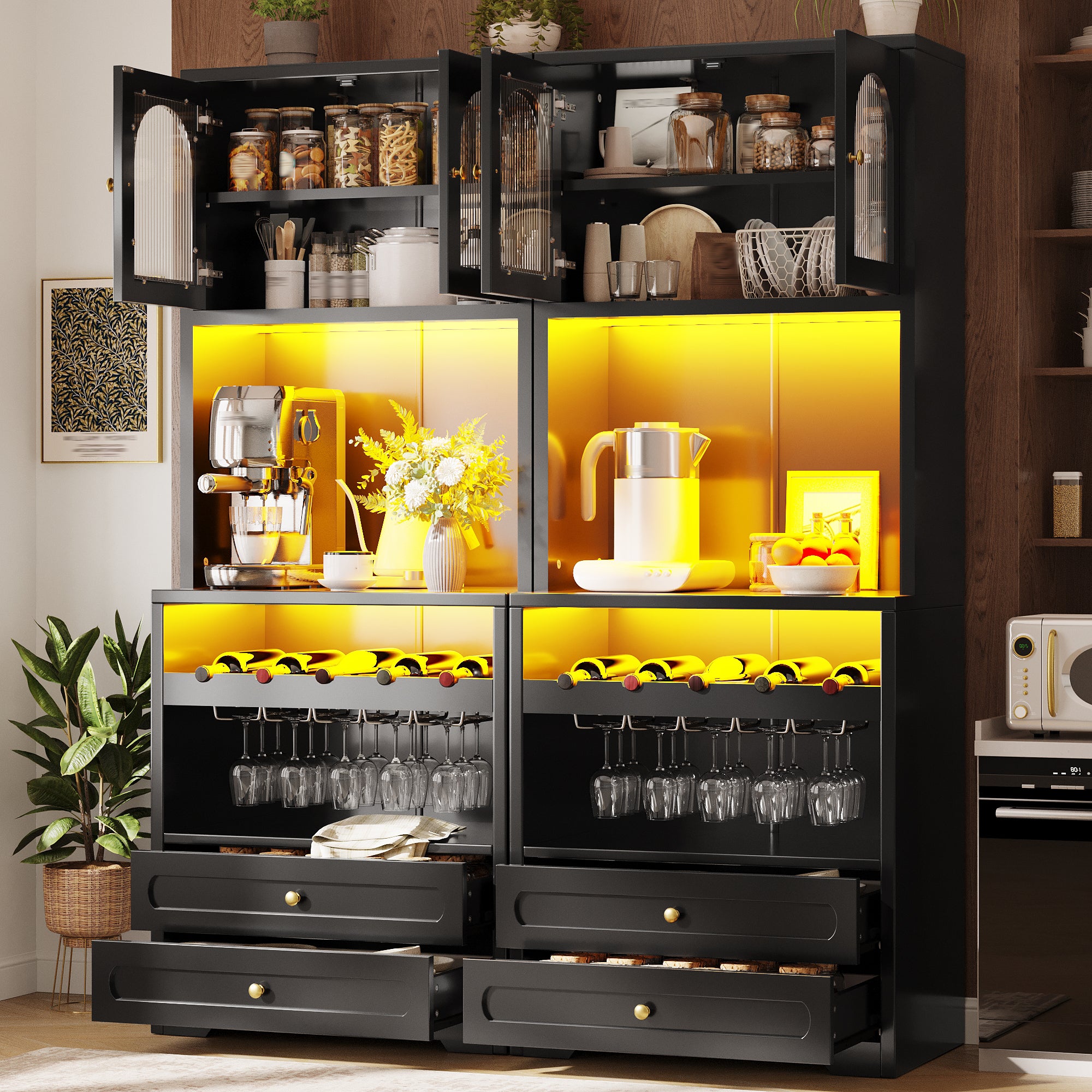 Zestaw 2 bufetów z 4 giętymi szklanymi drzwiami, 4 szufladami, oświetleniem LED i stojakiem na wino – MDF i metal – 140 × 40 × 180 cm – czarny