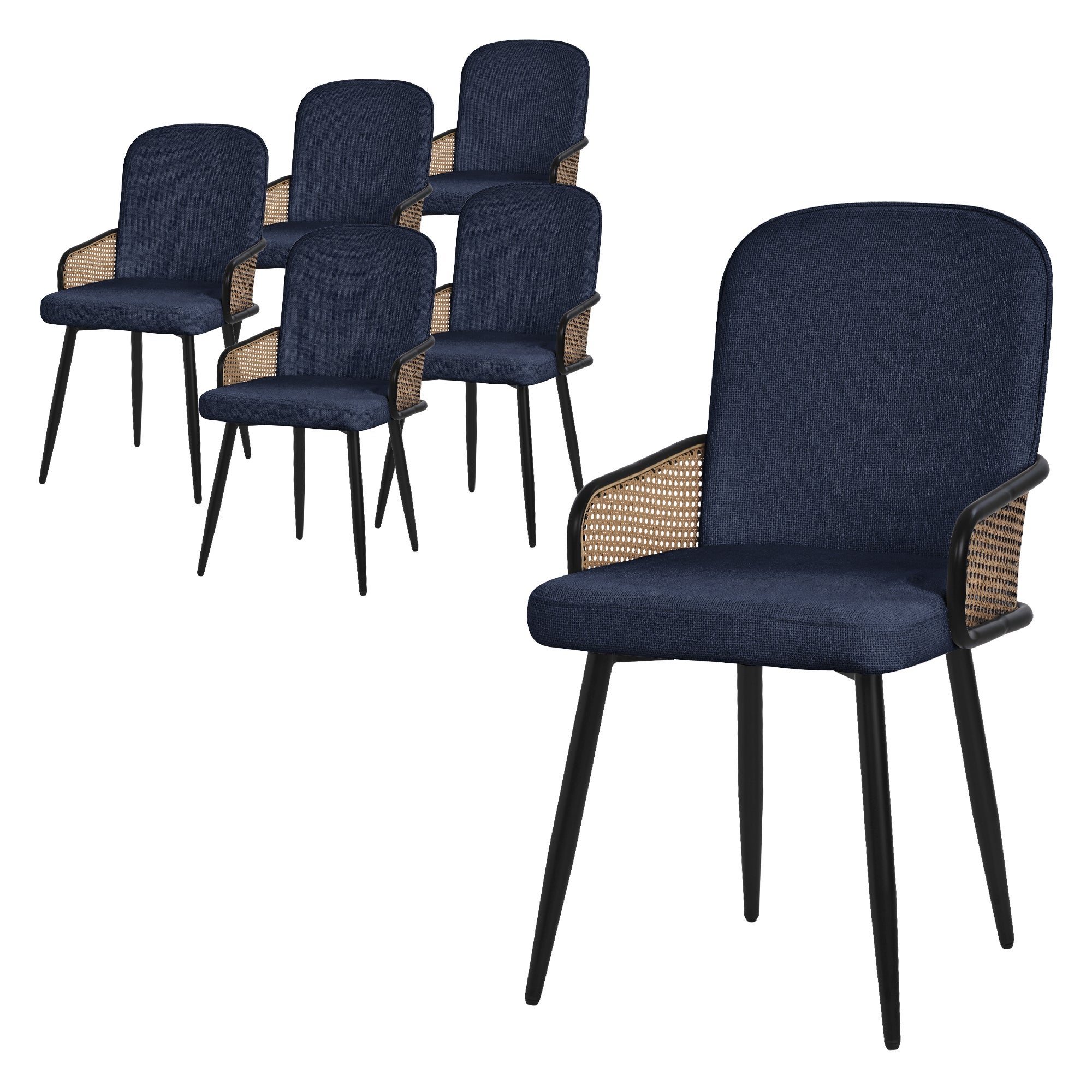 ML-Design zestaw 6 krzeseł tapicerowanych ciemnoniebieski do jadalni i kuchni ergonomiczne z podłokietnikami imitacja rattanu metalowe nogi komfortowe
