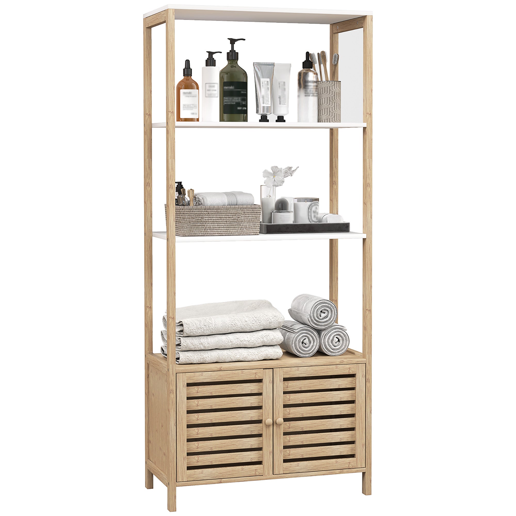 Szafka łazienkowa słupek do przechowywania bambus 3 półki 1 szafka 63 x 30 x 138 cm naturalny i biały drewno