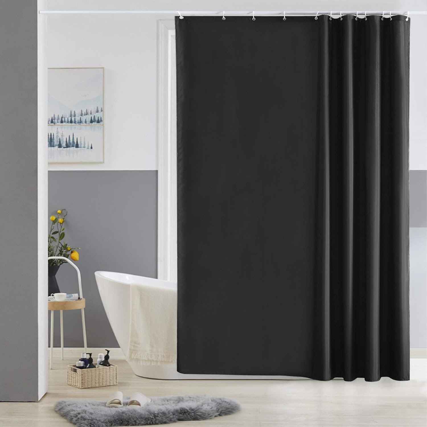 Wodoodporna zasłona prysznicowa z poliestru, z możliwością prania i odporna na pleśń, z 12 haczykami, 180 x 200 cm, czarna