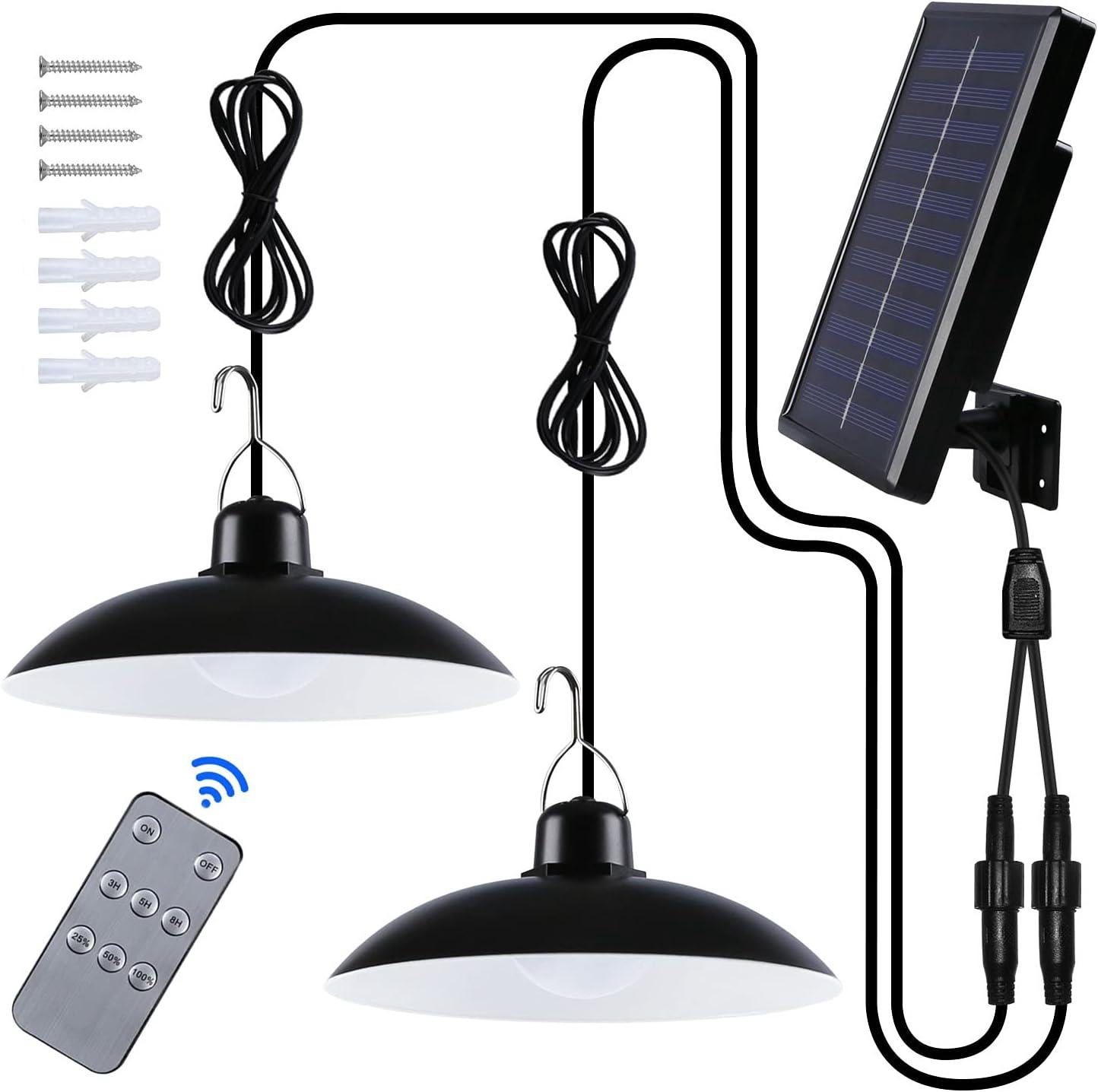 Lampa solarna zewnętrzna z podwójną głowicą, biała, wodoodporna IP65, z pilotem, do ogrodu, pergoli, balkonu lub tarasu
