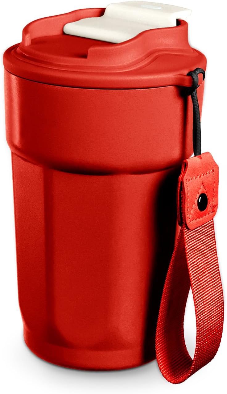 Czerwony, izolowany kubek ze stali nierdzewnej o pojemności 450 ml, z podwójnymi ściankami i szczelną pokrywką, wielokrotnego użytku, do napojów gorąc